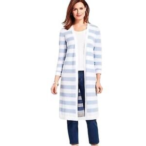Talbots Longline Cardigan Duster Size Small Blue White Stripe 100% Pima Cotton